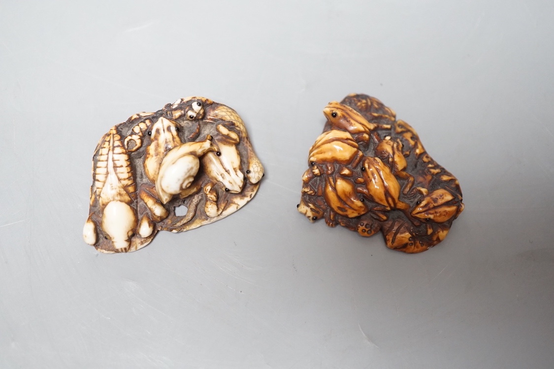 Two Japanese ivory netsuke, 19th century one signed, One carved in the form of frogs on a leaf, the second as a frog a snake insects and other creatures on a leaf, largest 4.5 cms wide.